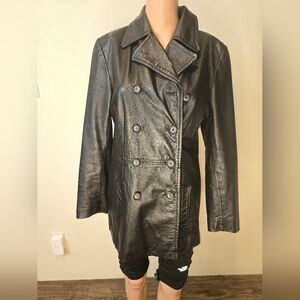 Colebrook Jacket Black Leather Double Breasted Collared Pockets Lined Size S